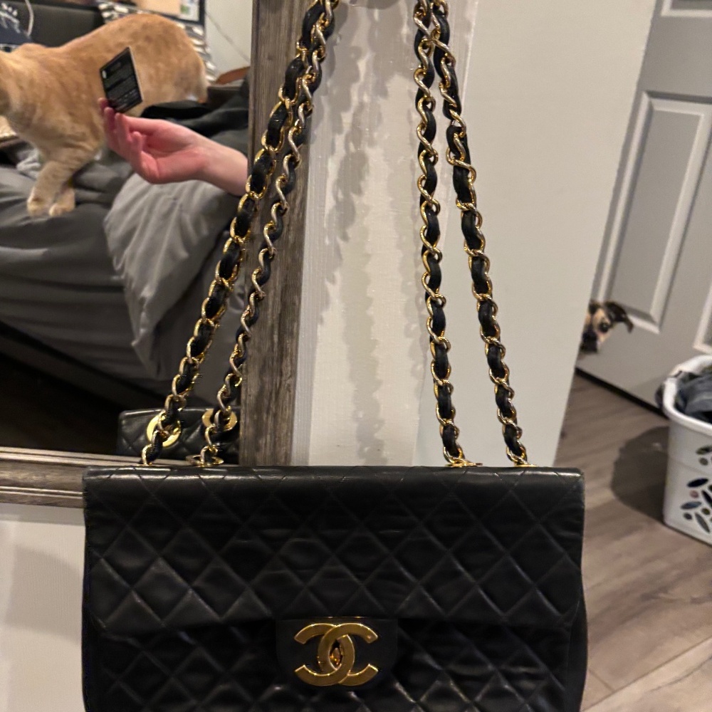 Vintage Chanel XL Jumbo Maxi Flap Bag Black Lambskin Gold Hardware